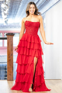 Lace And Chiffon Tiered A-Line Maxi Strapless Party Prom Dress