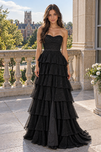 Lace And Satin A-Line Sweetheart Strapless Tiered Party Prom Dress