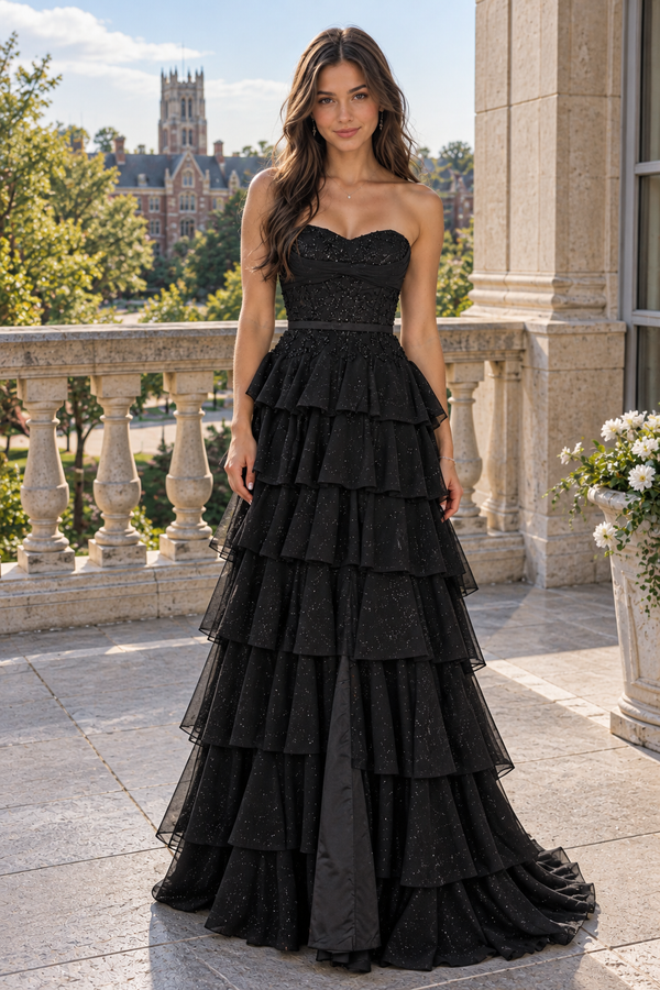 Lace And Satin A-Line Sweetheart Strapless Tiered Party Prom Dress