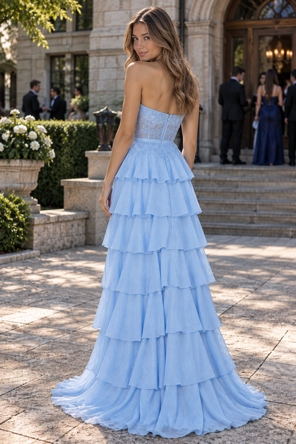 Lace And Satin A-Line Sweetheart Strapless Tiered Party Prom Dress