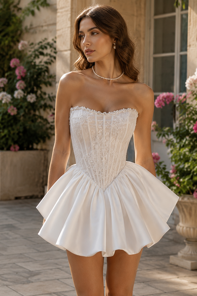 Lace And Satin Beaded Strapless Lace-Up A-Line Homecoming Dress 
