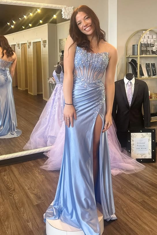 Lace And Satin Sheer Empire Appliques Strapless Mermaid Party Prom Dress
