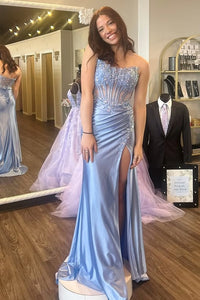 Lace And Satin Sheer Empire Appliques Strapless Mermaid Party Prom Dress
