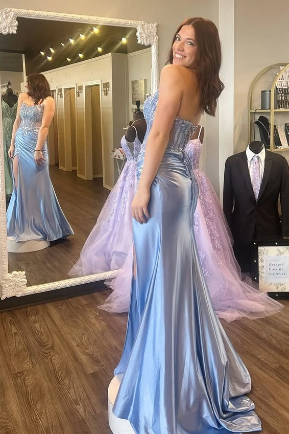 Lace And Satin Sheer Empire Appliques Strapless Mermaid Party Prom Dress