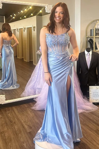 Lace And Satin Sheer Empire Appliques Strapless Mermaid Party Prom Dress