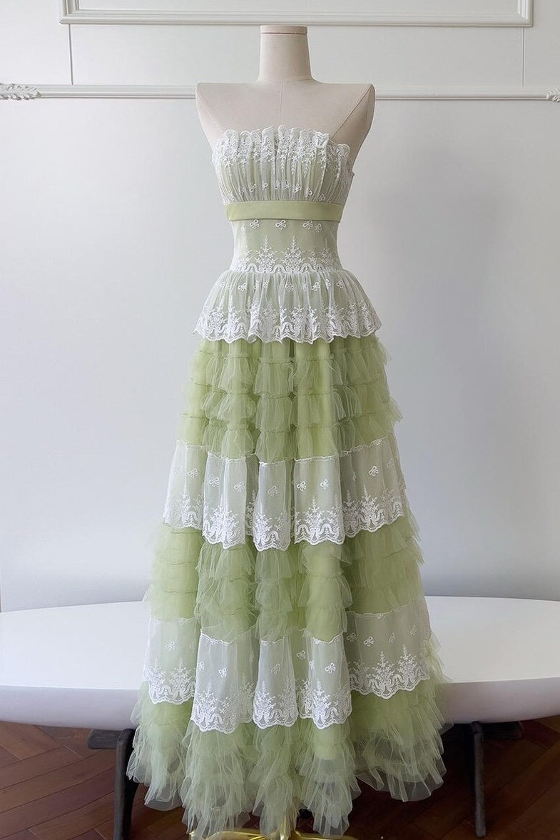 Lace And Tulle Tiered A-Line Strapless Empire Party Prom Dress 
