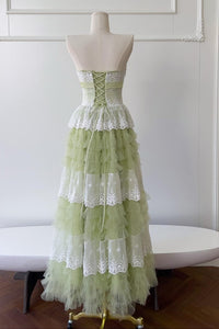 Lace And Tulle Tiered A-Line Strapless Empire Party Prom Dress 