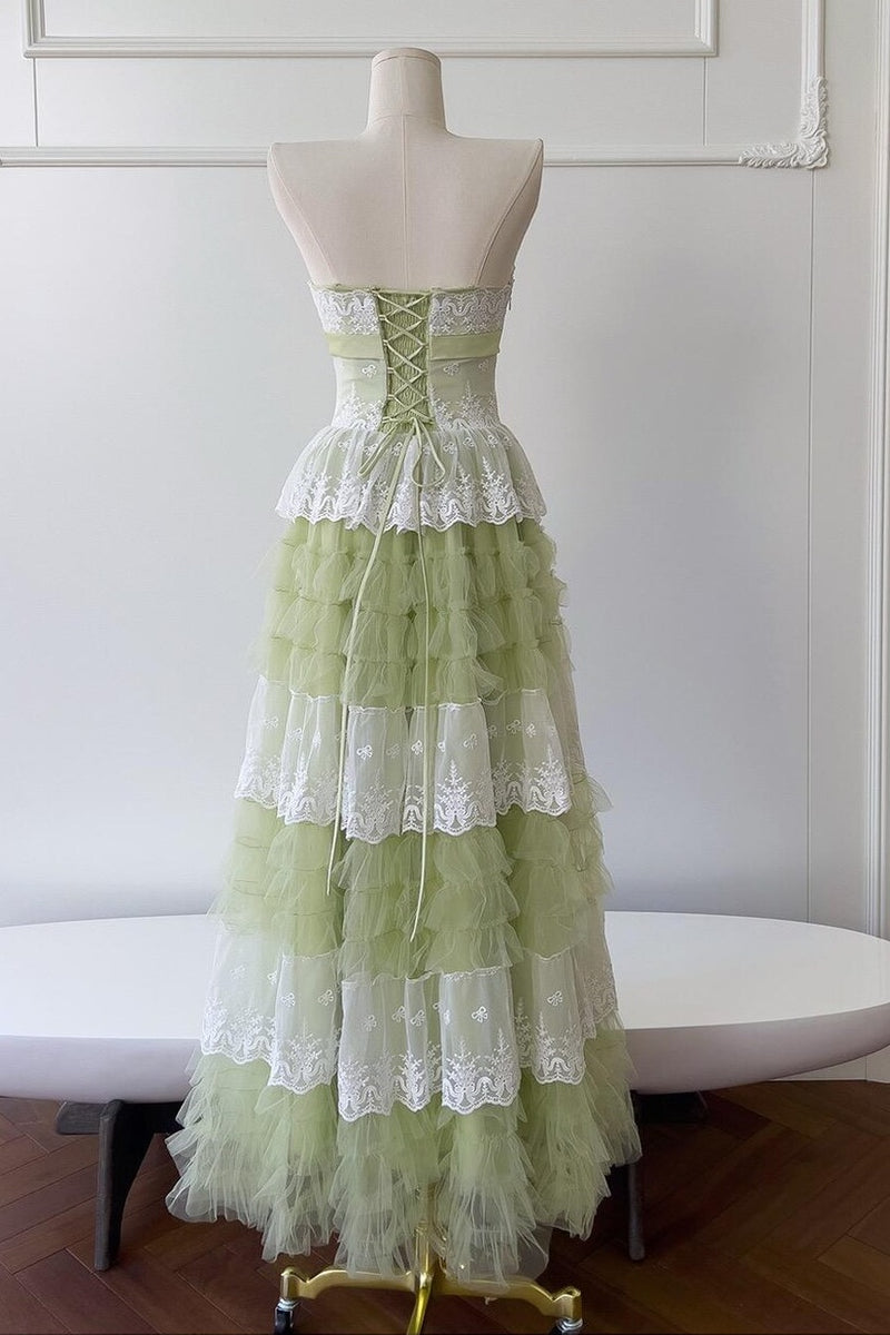 Lace And Tulle Tiered A-Line Strapless Empire Party Prom Dress 