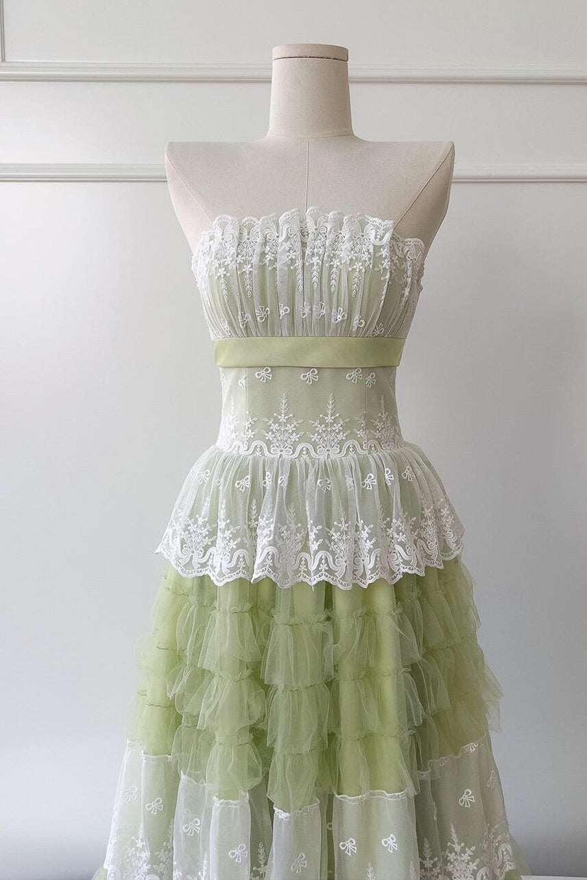 Lace And Tulle Tiered A-Line Strapless Empire Party Prom Dress 
