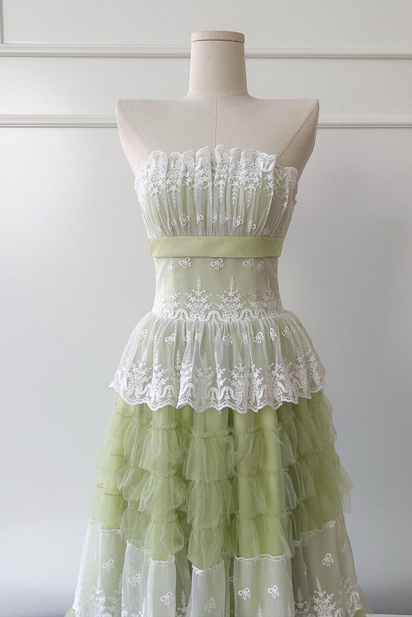 Lace And Tulle Tiered A-Line Strapless Empire Party Prom Dress 
