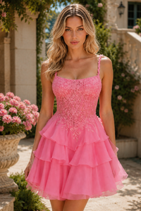 Lace Appliques Chiffon A-Line Lace-Up Tiered Homecoming Dress