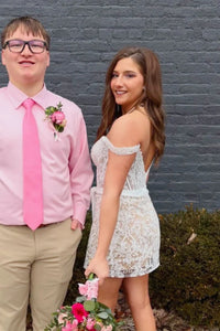 Lace Off-Shoulder V-Back Fitted Empire Short Homecoming Dress 