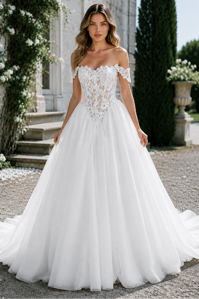 Lace Top Chiffon A-Line Off-Shoulder Wedding Dress With Train 