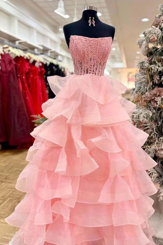 Lace Top Tiered Tulle A-Line Strapless Maxi Party Prom Dress