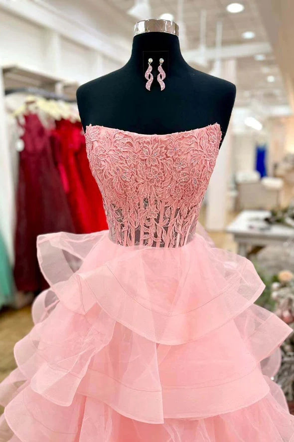 Lace Top Tiered Tulle A-Line Strapless Maxi Party Prom Dress
