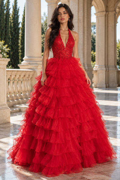 Lace Top Tiered Tulle A-Line V-Neck Halter Party Prom Dress With Bow