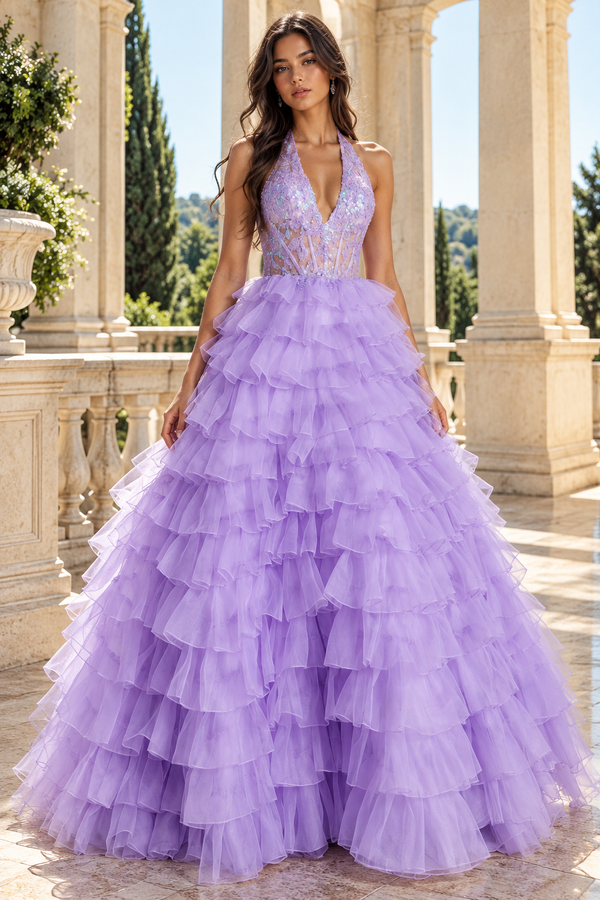 Lace Top Tiered Tulle A-Line V-Neck Halter Party Prom Dress With Bow