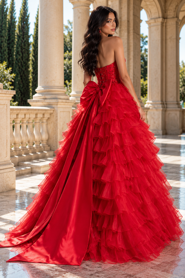 Lace Top Tiered Tulle A-Line V-Neck Halter Party Prom Dress With Bow