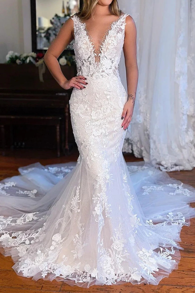 Lace V-Neck Sleeveless High Waist Mermaid Wedding Dress With Train