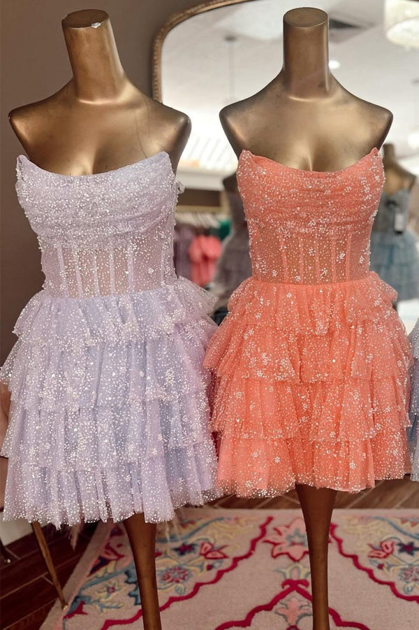 Glitter Lavender Strapless Short Homecoming Dress with Beads