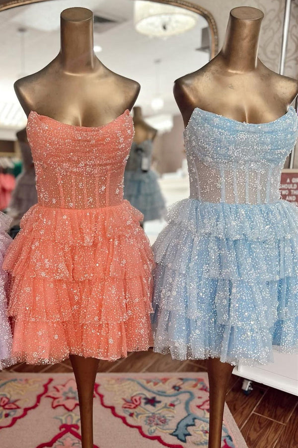 Glitter Lavender Strapless Short Homecoming Dress with Beads