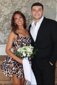 Leopard Print Beaded Strapless A-Line Satin Party Homecoming Dress