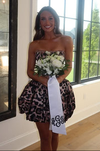 Leopard Print Beaded Strapless A-Line Satin Party Homecoming Dress