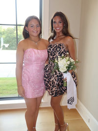 Leopard Print Beaded Strapless A-Line Satin Party Homecoming Dress
