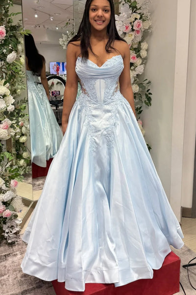 Light Blue Satin A-Line Lace Appliques Maxi Party Prom Dress