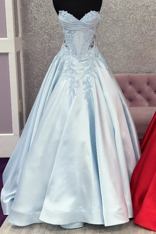 Light Blue Satin A-Line Lace Appliques Maxi Party Prom Dress