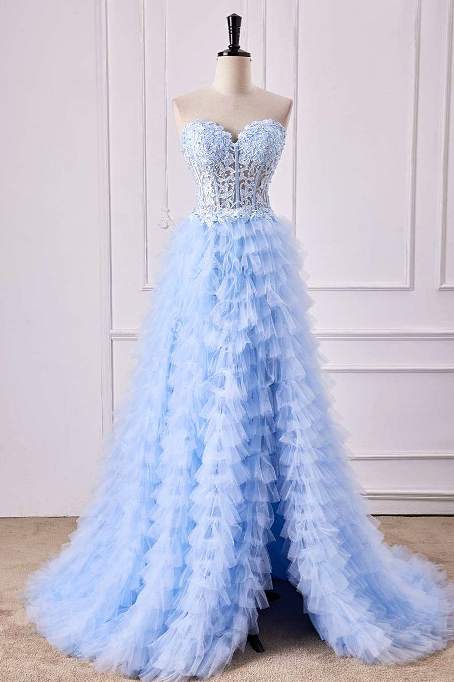 Feather Floor Length Blue A-Line Strapless Prom Dress