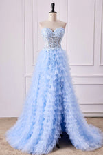 Sweetheart Light Blue Lace Corset Ruffle A-Line Prom Dress