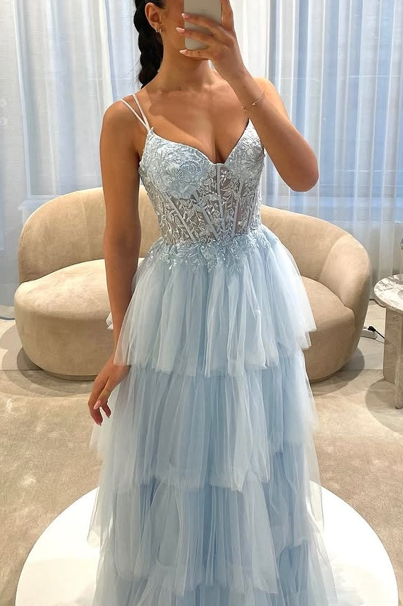 Light Blue V-Neck Sleeveless Tiered Tulle A-Line Party Prom Dress