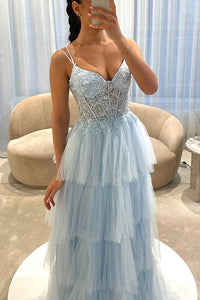 Light Blue V-Neck Sleeveless Tiered Tulle A-Line Party Prom Dress