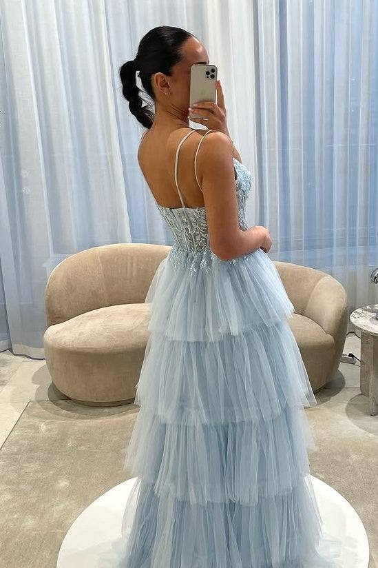 Light Blue V-Neck Sleeveless Tiered Tulle A-Line Party Prom Dress