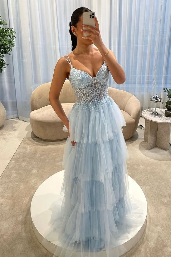 Light Blue V-Neck Sleeveless Tiered Tulle A-Line Party Prom Dress