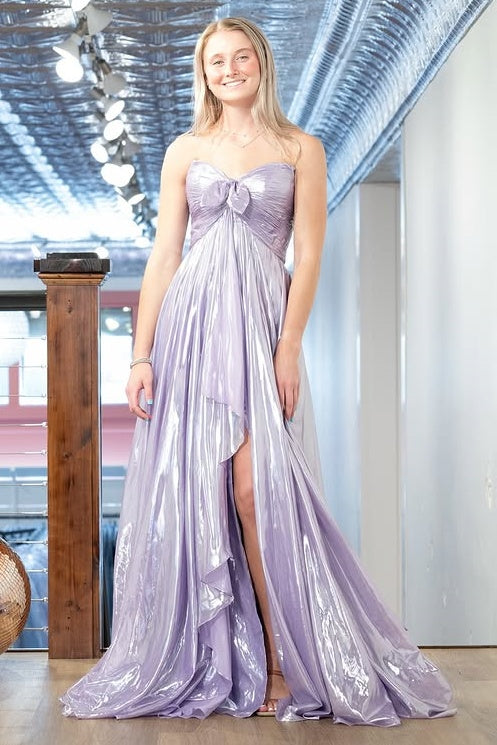 Lilac A-Line Empire Strapless Pleats Party Prom Dress With Slit