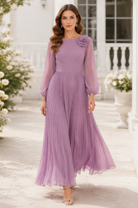 Lilac Chiffon A-Line Round Long Sleeves Pleated Mother Of The Bride Dress