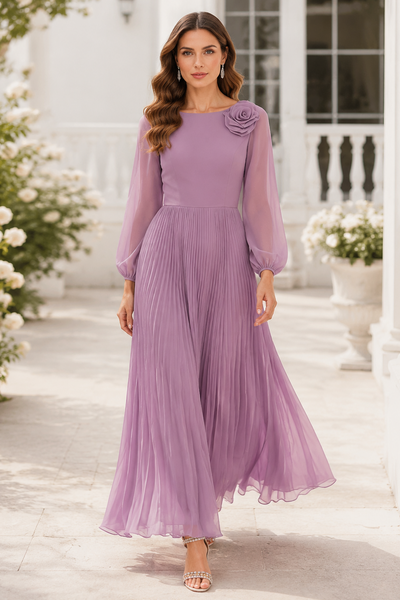 Lilac Chiffon A-Line Round Long Sleeves Pleated Mother Of The Bride Dress