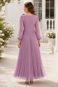 Lilac Chiffon A-Line Round Long Sleeves Pleated Mother Of The Bride Dress