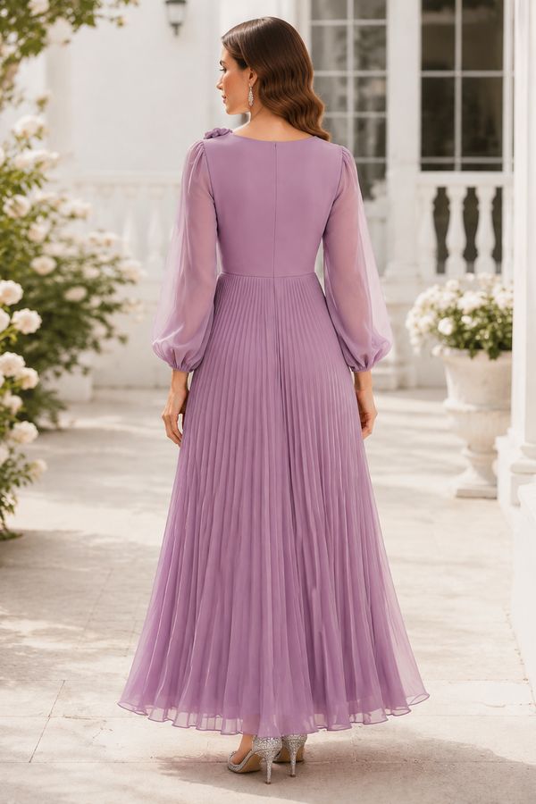 Lilac Chiffon A-Line Round Long Sleeves Pleated Mother Of The Bride Dress