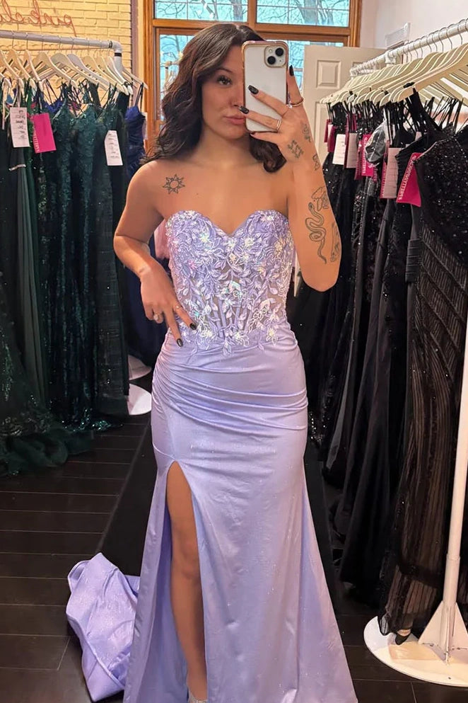 Lilac Lace Top Satin Trumpet Strapless Party Prom Dress With Slit
