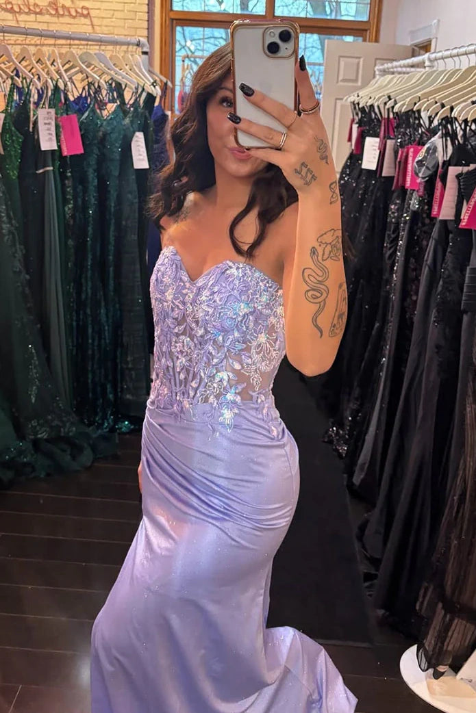 Lilac Lace Top Satin Trumpet Strapless Party Prom Dress With Slit