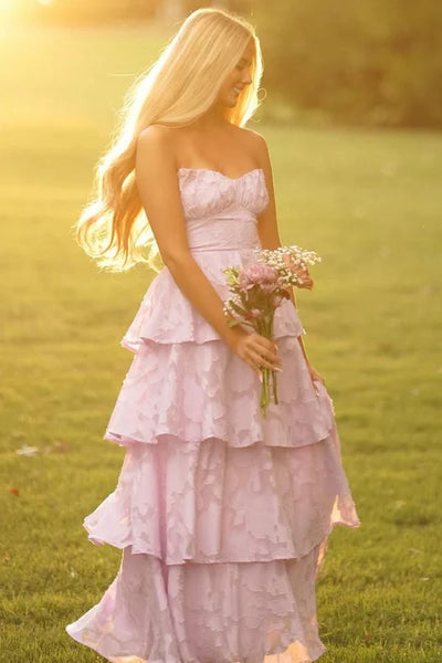 Lilac Strapless A-Line Empire Tiered Floral Party Prom Dress