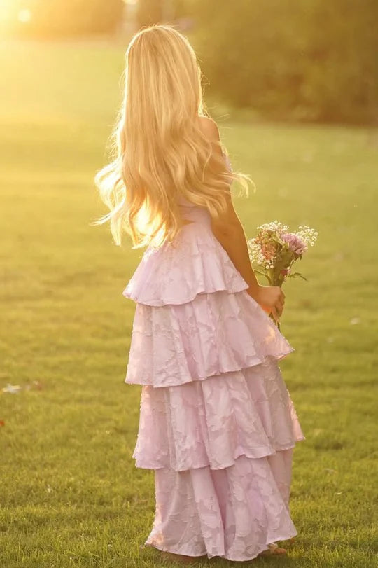 Lilac Strapless A-Line Empire Tiered Floral Party Prom Dress