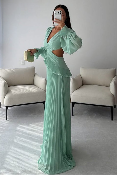 Long Sleeves V-Neck Illusion Empire Chiffon A-Line Party Evening Dress