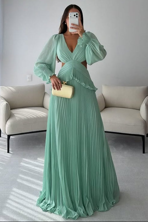 Long Sleeves V-Neck Illusion Empire Chiffon A-Line Party Evening Dress