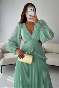 Long Sleeves V-Neck Illusion Empire Chiffon A-Line Party Evening Dress