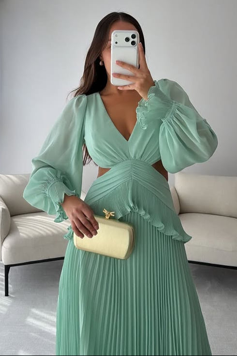 Long Sleeves V-Neck Illusion Empire Chiffon A-Line Party Evening Dress