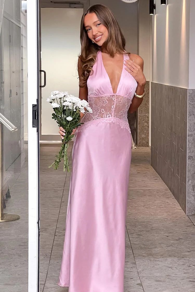 Low V-Neck Backless Lace And Satin Fitted Party Evening Dress